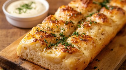 Handmade golden-brown bread topped with green thyme, laid on a rustic wooden board