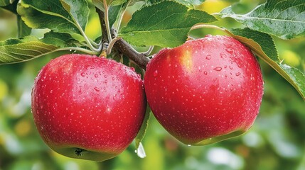 Two ripe red apples are growing on a tree branch together