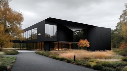 Obraz premium Modern, minimalist office building nestled within a landscaped park-like setting. Dark, contemporary architecture with a focus on clean lines and large windows.