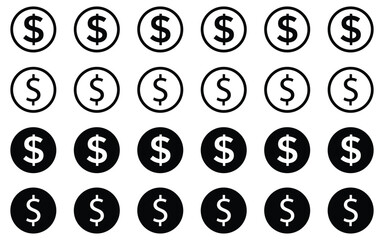 Simple set of black and gold dollar coins, in both filled and outlined variations. Vector illustration.