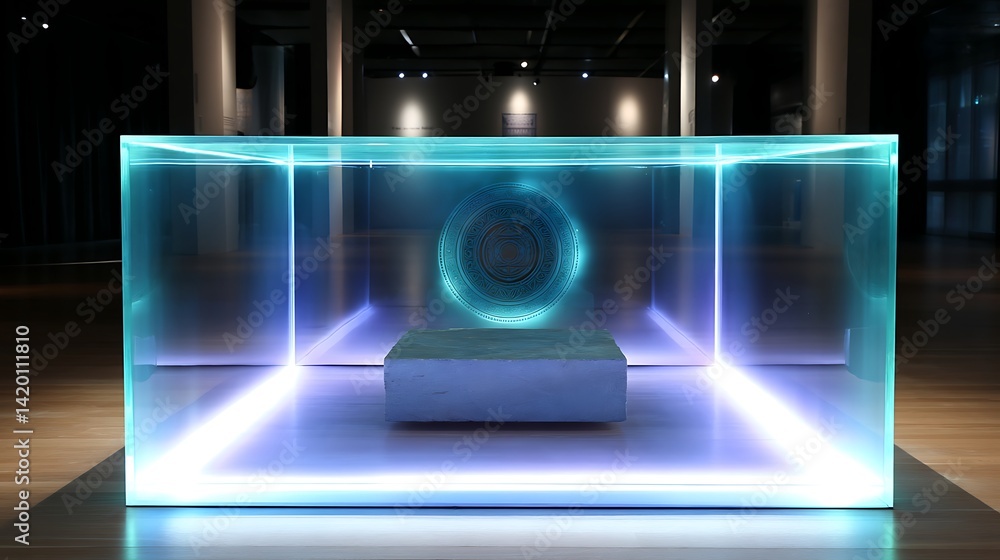 Poster enclosed luminous object display enigmatic ring forms a rectangular prism box light exhibit