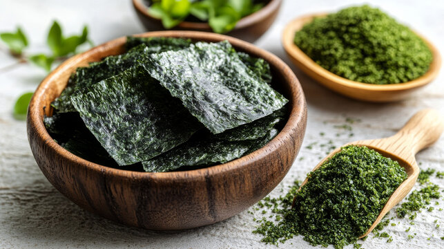 Flat lay of green nori seaweed flakes and powder in a wooden bowl and scoop, laid on a white tabletop