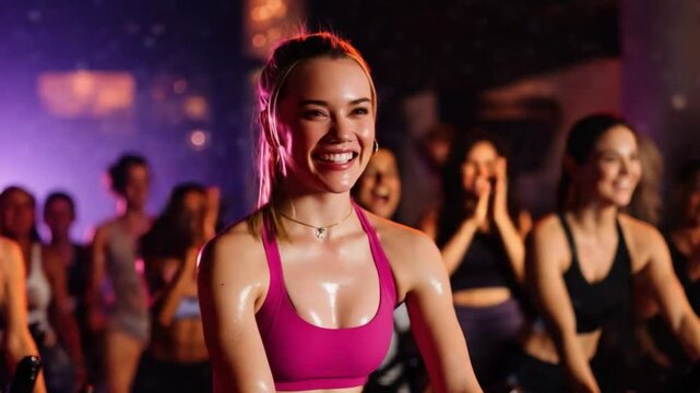 Sweat and Smile: A woman beams with joy and accomplishment after a challenging spin class, showcasing the exhilaration and confidence that comes with pushing your limits.