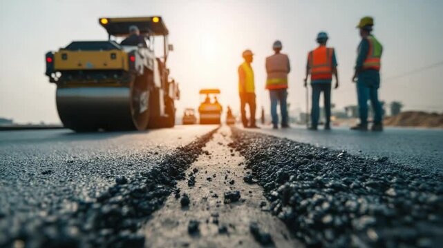 Road Construction in Action: A high-angle shot reveals the intense activity of road construction. A massive asphalt compactor rolls forward, while a team of dedicated workers oversees the process.