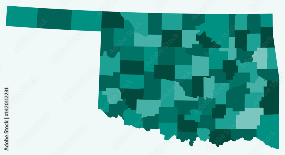 Poster map of oklahoma with counties. just a simple state border map with county division. teal color palet