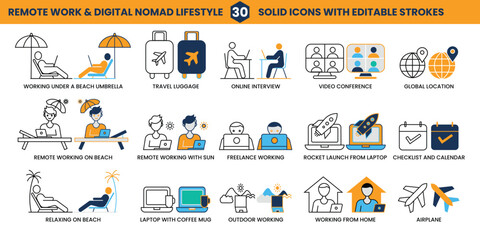 Remote Work and Digital Nomad Lifestyle Icon Set. 30 High Quality Solid Vector Icons with Editable Strokes for Freelancers, Online Work and Travel.