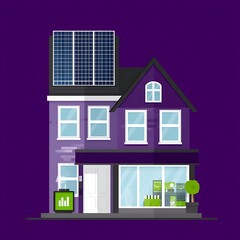Energy Efficient Home with Solar Panels and Graph Displaying Power Usage on a Purple Background