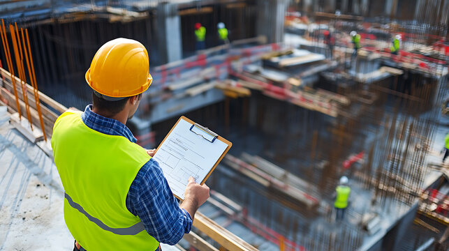 Construction foreman inspecting work progress. Featuring leadership and oversight