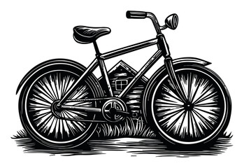 Fototapeta premium Vintage Bicycle Illustration in Woodcut Style with Barn Background