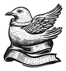 Obraz premium Hand-Drawn Bird Illustration in Vintage Woodcut Style with Banner