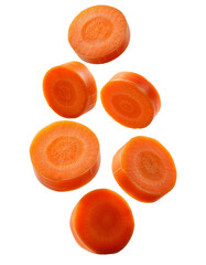 Sliced carrots falling on transparent background