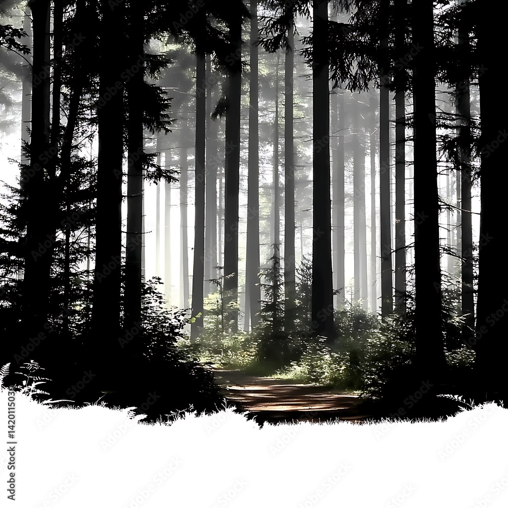 Poster enigmatic forest path through misty woods realm of shadow and light interplay of tall trees.
