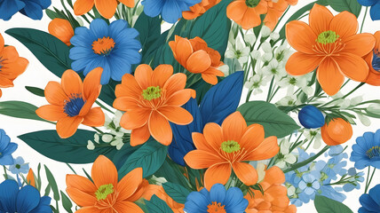 Fototapeta premium A Vibrant Whimsical Illustration of A Lush Orange, Blue and White Flowers With Leaves- Floral Graphic Illustration