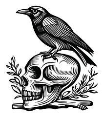 Naklejka premium Black Bird on Skull with Leaves in Woodcut Engraving Style