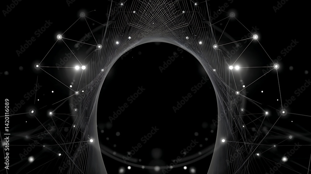 Poster enigmatic network sphere connection with luminous nodes on dark void backdrop digital abstraction.
