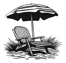 Relaxing Beach Chair Under Umbrella in Black and White Woodcut Style