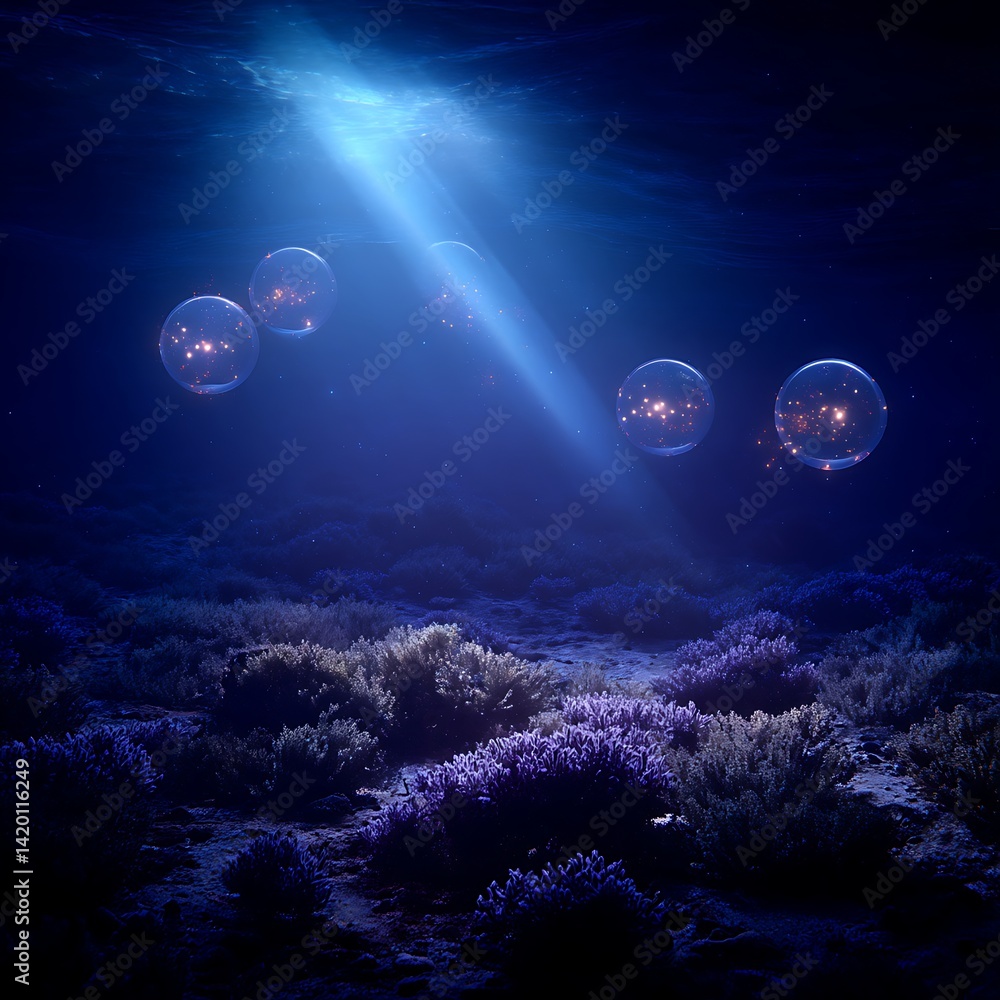 Poster enigmatic orbs of illumination floating above the deep ocean floor abstract seascape scene.