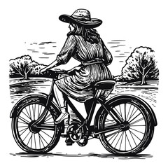 Obraz premium Elegant Woman Bicycling in Scenic Landscape Woodcut Style Artwork