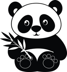 Adorable Cartoon Panda Holding Bamboo Silhouette in Black and White Design
