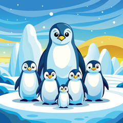 A small huddle of fluffy emperor penguin chicks stands together on the snowy Antarctic landscape.