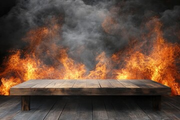 Wooden table in front of a fiery and smoky backdrop.