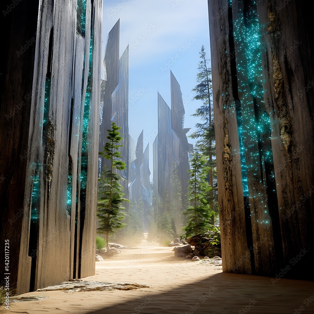 Poster enigmatic stone structures pathway with azure luminescence in a surreal landscape ambience
