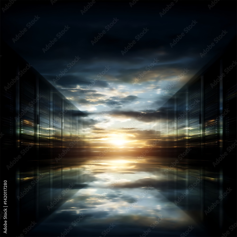 Poster enigmatic sunset between reflective architecture illuminating cloudscape vision through corridor.