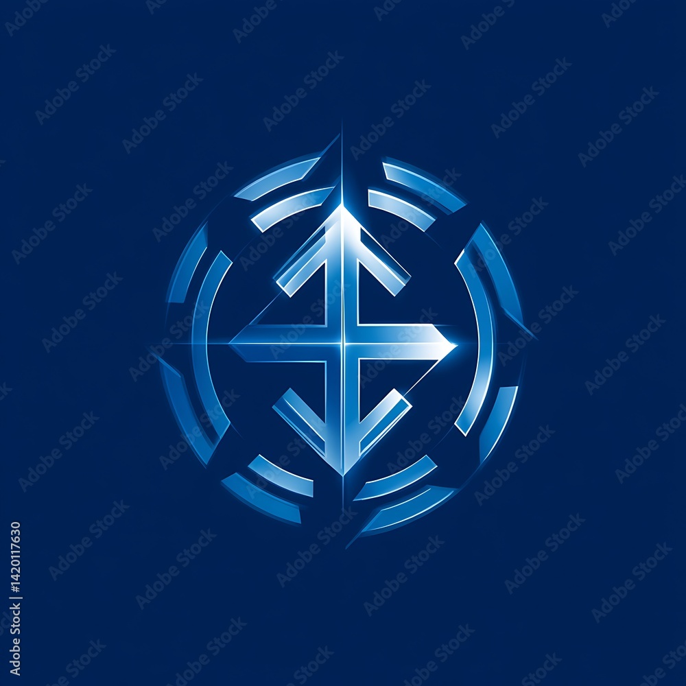 Poster enigmatic symbolic crest digital emblem with arrows and concentric shapes blue hues abstract composi