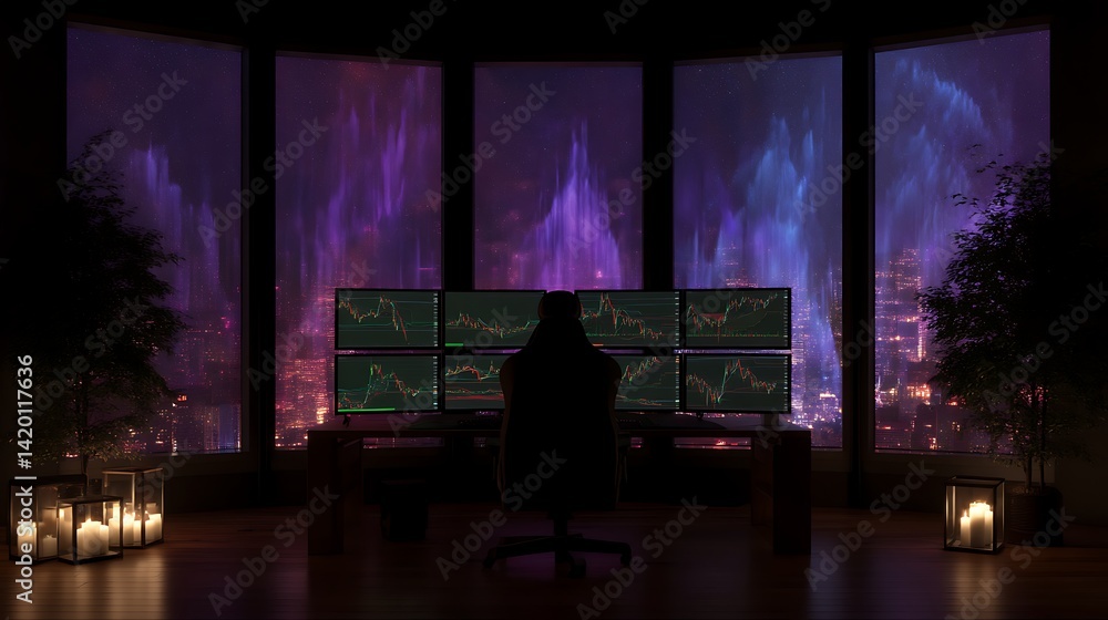 Aufkleber enigmatic trader navigating global markets with multiple screens in dark room setting at night.