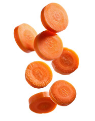 Fresh carrot slices falling on transparent background