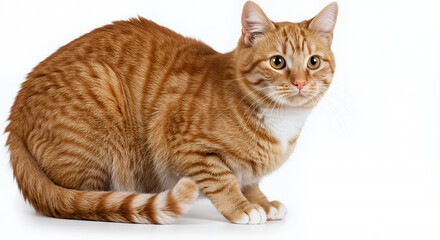 Fototapeta premium Adorable Ginger Tabby Cat Sitting Domestic Short Hair Pet Animal White Background