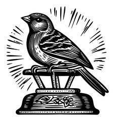 Naklejka premium Vintage Bird Illustration with Radiant Background Woodcut Design