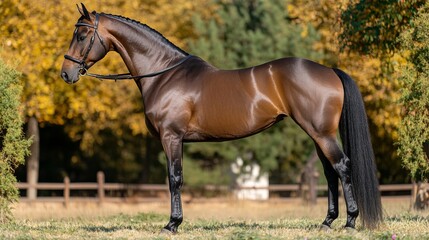 Obraz premium A sunny day outdoors provides the perfect backdrop for a close-up of a chestnut horse featuring a flowing mane in a grassy field