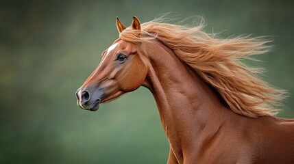 Obraz premium A sunny day outdoors is the setting for a portrait of a chestnut horse featuring a flowing mane in a grassy field