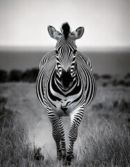 Fototapeta premium Fotografía en blanco y negro de un León enojado corriendo hacia la cámara, toma de cuerpo entero, realista, hiperrealista al estilo de un artista fotorrealista.