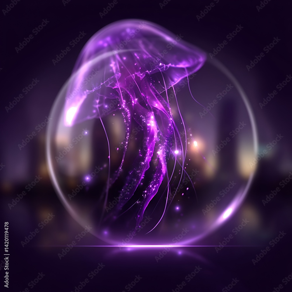 Poster ethereal bioluminescent jellyfish floating in a transparent orb against an atmospheric backdrop.