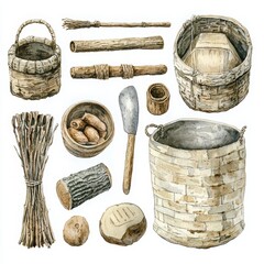 Traditional Handcrafted Baskets and Wooden Tools for Farm Use