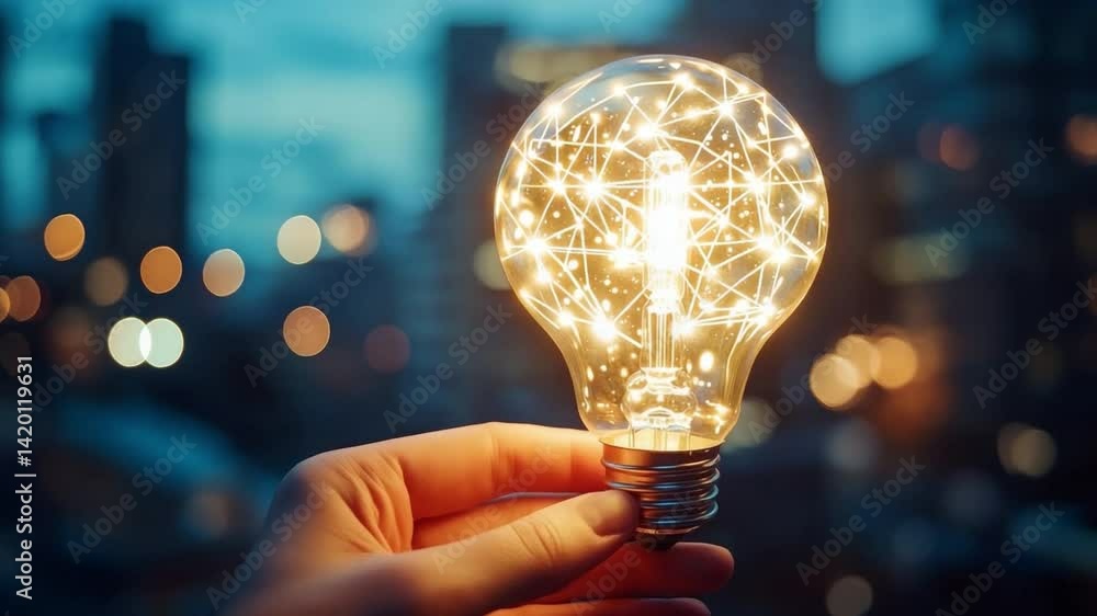 Poster illuminating idea: a hand tenderly holds a radiant light bulb, its core pulsing with interconnected 