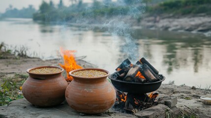 A scenic setting by a river in Bengal, where dal is being cooked in earthen pots as part of a festive meal.