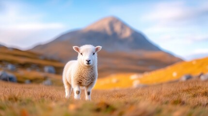 Fototapeta premium Adorable lamb in a golden autumnal field, mountains in the background