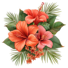 Vibrant tropical flower bouquet with large orange and pink hibiscus flowers surrounded by lush green palm leaves for tropical floral arrangement decor on transparent background