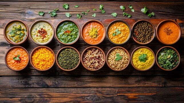 A variety of Indian dals displayed in small bowls on a wooden table, representing the diversity of Indian cuisine.
