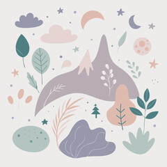 A whimsical dreamscape of pastel mountains, stars, and leaves, a gentle night scene in soft muted tones.