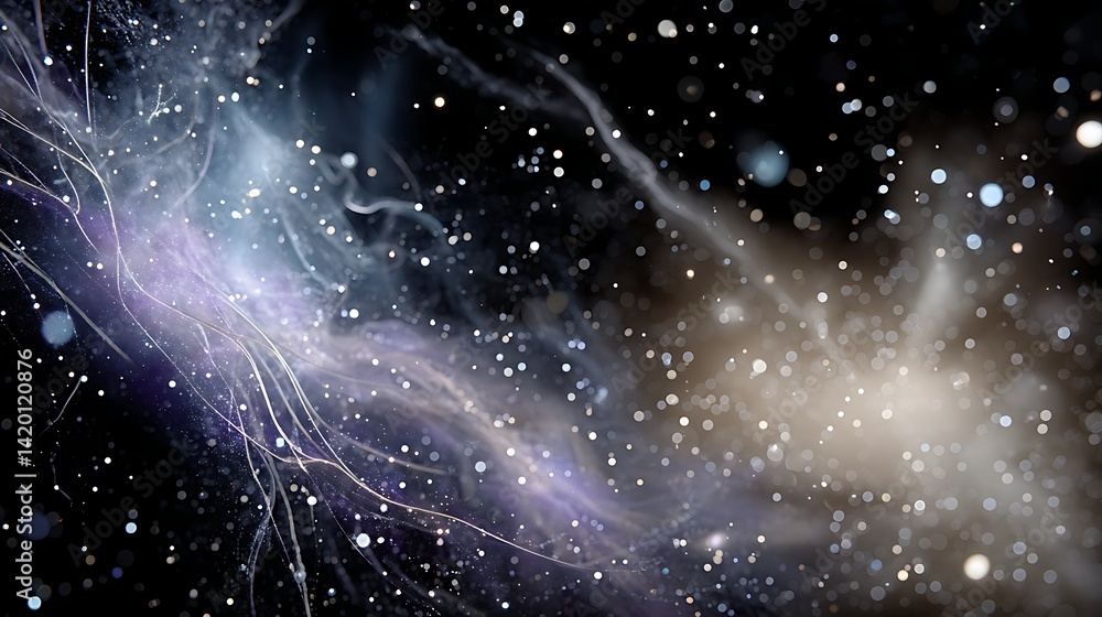 Poster ethereal celestial formation in a nebula of light and dust with cosmic strings and stellar glow.
