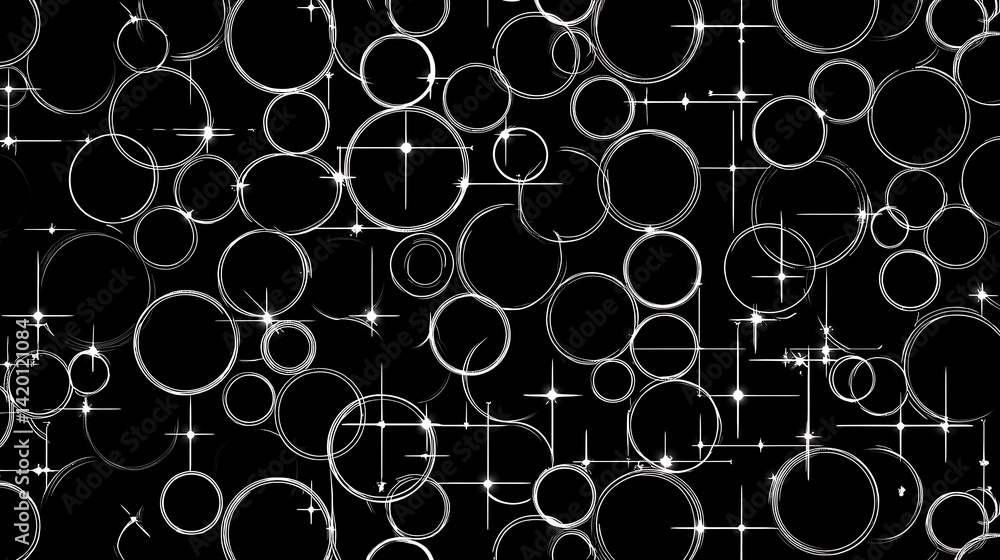 Poster ethereal circles and stars abstract pattern on dark backdrop graphic art elegant light overlay desig