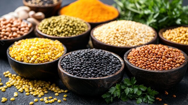 A vibrant Indian market stall showcasing various dals with regional spices in the background.