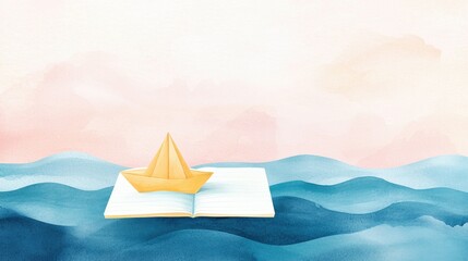 Paper Boat's Journey: A paper boat sails across a vast ocean depicted in a dreamy watercolor style, perched atop an open book, symbolizing adventure and exploration.