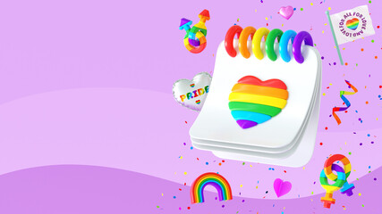 Happy Pride banner template with rainbow heart on a calendar and symbols floating on a pink background for LGBTQIA+ Pride month and love diversity celebration in 3D illustration