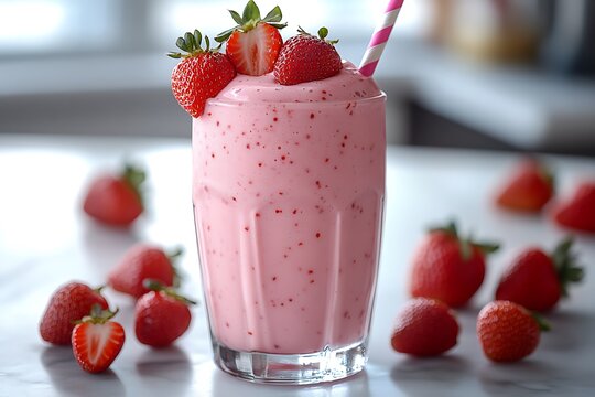 Strawberry Delight Pink smoothie in glass with fresh berries and striped straw detail