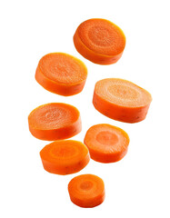 Fresh carrot slices falling on transparent background